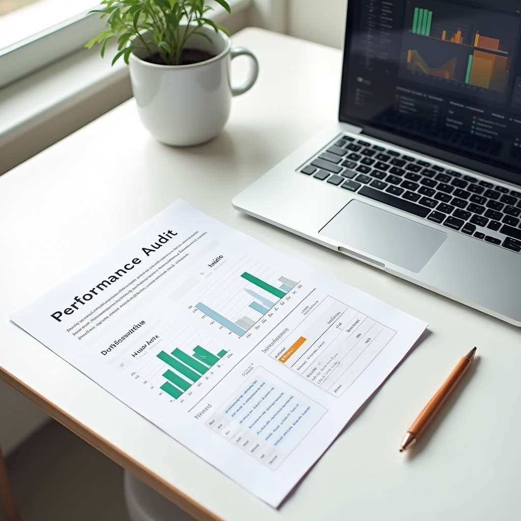 A detailed site speed audit report document on a clean modern desk with a laptop showing performance graphs