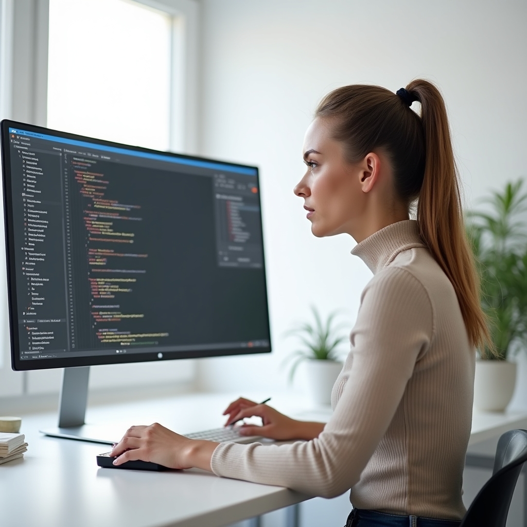 Sara Lindqvist, Frontend Performance Engineer, writing optimization code at a clean desk